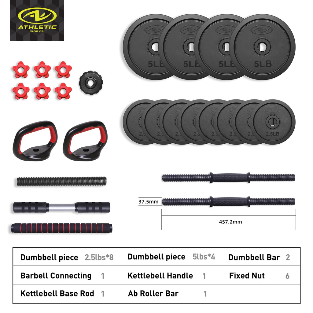 40LB 5 in 1 Adjustable Dumbbell Set , Fitness Exercises for Home Gym, Black, 1-Inch Holes Fit Standard Sized Bar